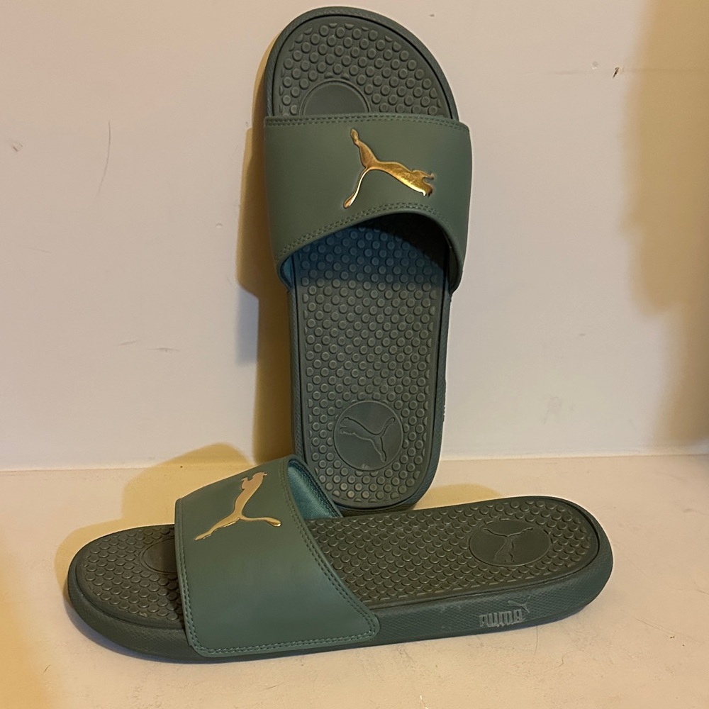 Puma Teal Slides with Gold Logo